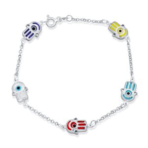 Delicate Dainty Turkish Amulet Talisman Protection Good Luck Five Multi Color Yellow Red Blue Hamsa Fatima Hand and Evil Eye Charm Bracelet For Teen For Women .925 Sterling Silver