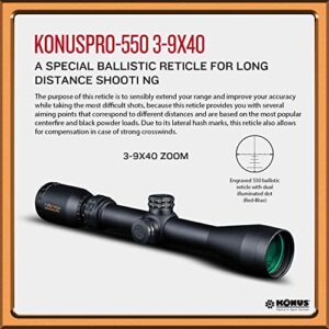 KONUS — KonusPro 7276 - 550 IR 3X-9X40 Riflescope w/ Engraved 550 Ballistic Reticle and Illuminated Center Dot