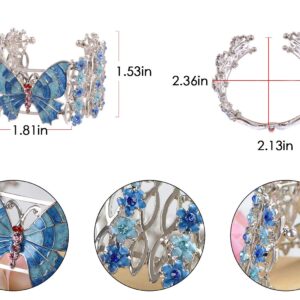 Alilang Silver Tone Blue Enamel Floral Crystal Rhinestone Flower Butterfly Cuff Bangle Bracelet