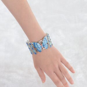 Alilang Silver Tone Blue Enamel Floral Crystal Rhinestone Flower Butterfly Cuff Bangle Bracelet