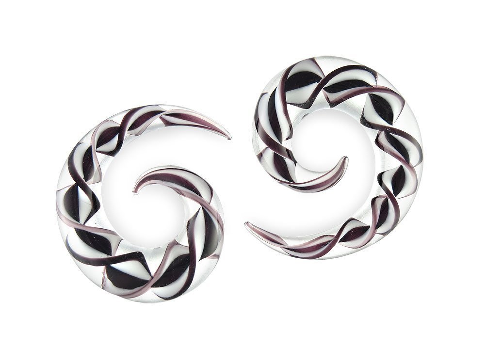 Pair Black and White Ribbon Pyrex Glass Spiral 0g 0 Gauge 8mm