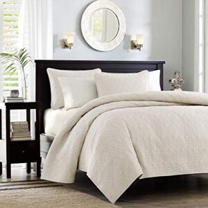 Madison Park Quebec Quilt Set - Luxurious Damask Stitching Design, Cotton Filled Lightweight Coverlet Bedspread Bedding, Shams, Full/Queen(90"x90"), Cream 3 Piece