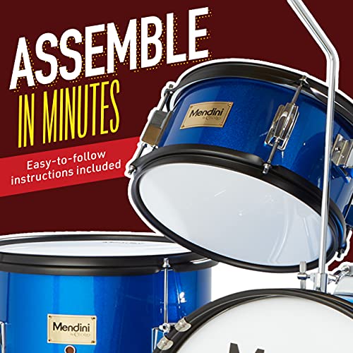 Mendini by Cecilio Kids Drum Set 5 Piece - Full 16in Youth Drumset with Bass, Toms, Snare Drum, Cymbal, Hi-Hat, Drumsticks & Seat for 5 to 12 Year Old and Beginner Adult Set - Blue