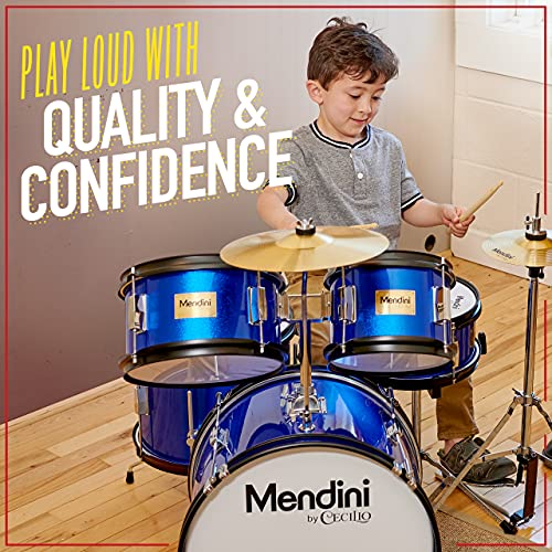 Mendini by Cecilio Kids Drum Set 5 Piece - Full 16in Youth Drumset with Bass, Toms, Snare Drum, Cymbal, Hi-Hat, Drumsticks & Seat for 5 to 12 Year Old and Beginner Adult Set - Blue