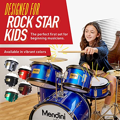 Mendini by Cecilio Kids Drum Set 5 Piece - Full 16in Youth Drumset with Bass, Toms, Snare Drum, Cymbal, Hi-Hat, Drumsticks & Seat for 5 to 12 Year Old and Beginner Adult Set - Blue