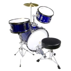 Mendini By Cecilio Drum Set – 3-Piece Kids Drum Set (16"), Includes Bass Drum, Tom, Snare, Drum Throne - Musical Instruments for Age 6-12, Metallic Blue Drum Kit