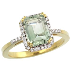 10k yellow gold diamond genuine green amethyst ring emerald-cut 8x6mm size 8