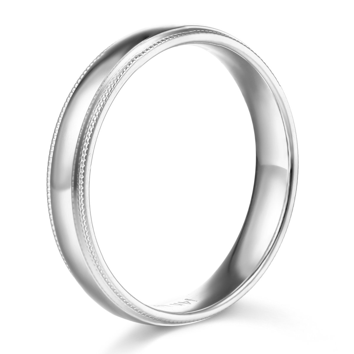 14k White Gold 4mm SOLID COMFORT FIT Plain Milgrain Wedding Band - Size 7.5