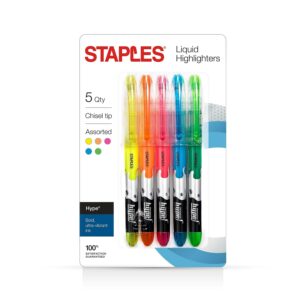 Staples Hype! Liquid Highlighters, Assorted, 5/Pack