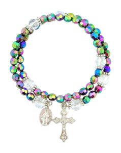 cb catholic purple wrap style rosary bracelet with dangle crucifix & miraculous medal, beaded, 8"