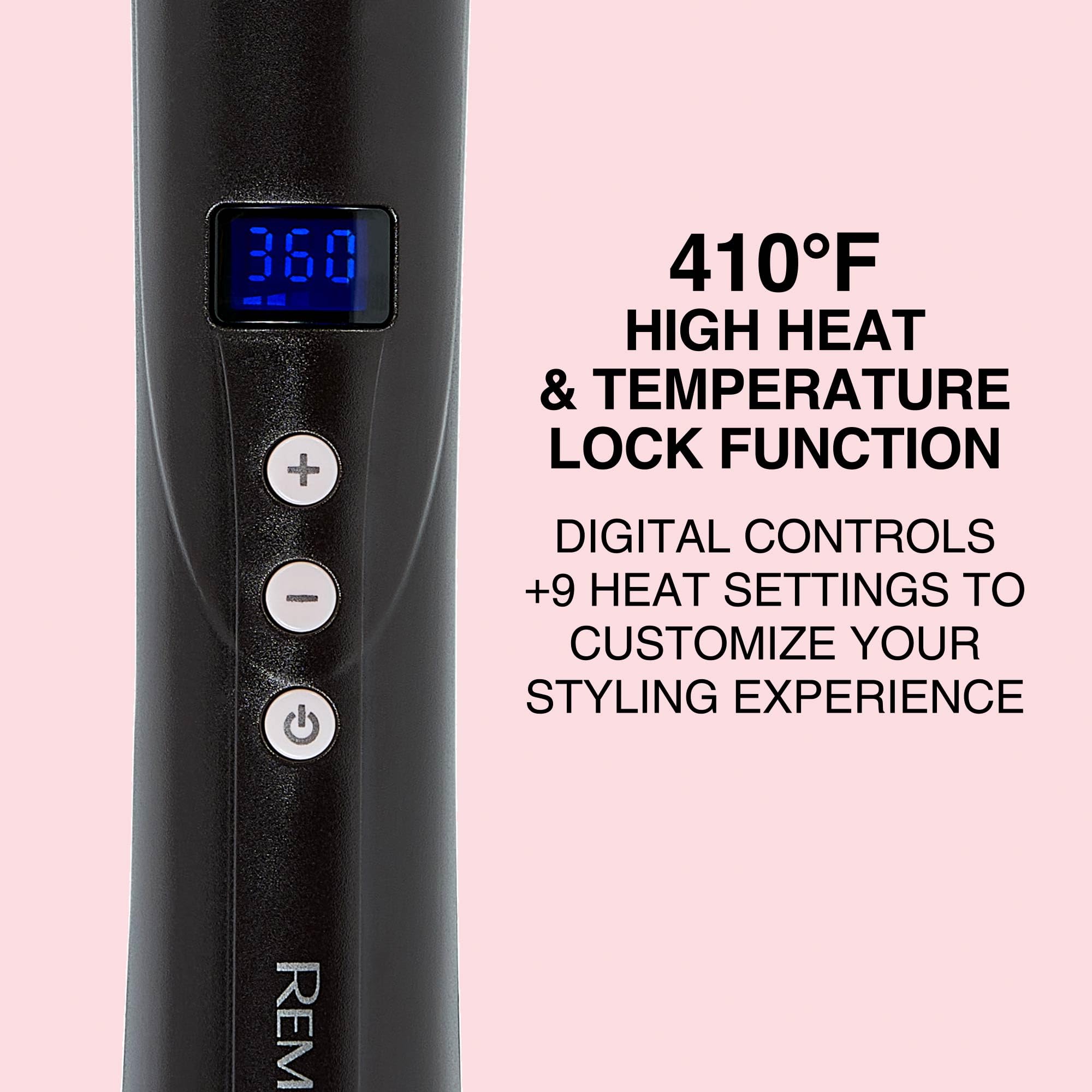 Remington CI9538 Pro 1"-1.5" Pearl Ceramic Conical Curling Wand, Digital Controls + 10 Heat Settings, Black/Pink