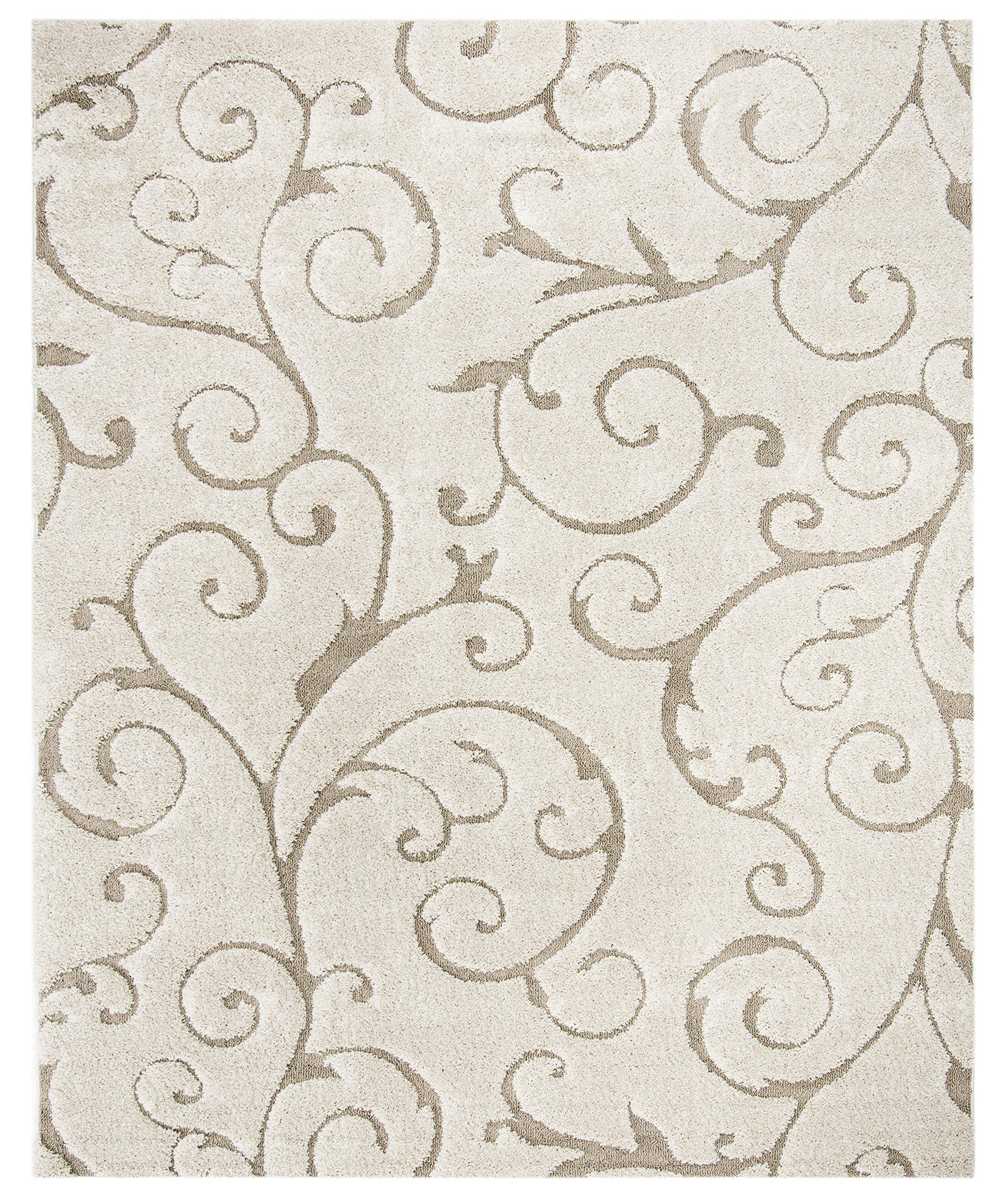 SAFAVIEH Florida Shag Collection Area Rug - 8' x 10', Cream & Beige, Scroll Design, Non-Shedding & Easy Care, 1.2-inch Thick Ideal for High Traffic Areas in Living Room, Bedroom (SG455-1113)