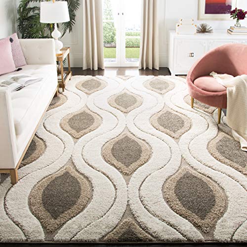 SAFAVIEH Florida Shag Collection Area Rug - 8' x 10', Cream & Smoke, Modern Ogee Design, Non-Shedding & Easy Care, 1.2-inch Thick Ideal for High Traffic Areas in Living Room, Bedroom (SG461-1179)