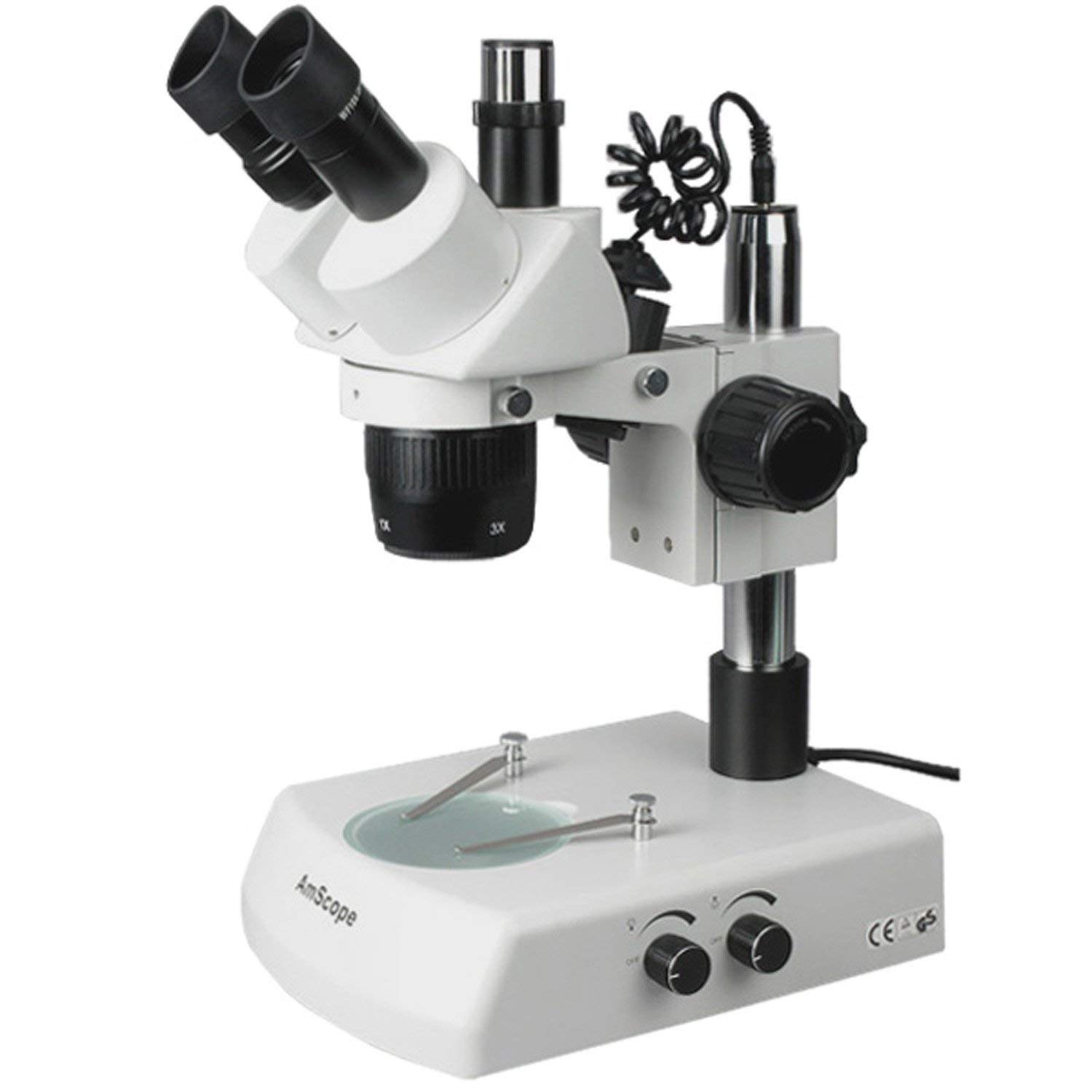 AmScope SW-2T24 Trinocular Stereo Microscope, WH10x Eyepieces, 20X/40X Magnification, 2X/4X Objective, Upper and Lower Halogen Lighting, Pillar Stand, 110V-120V