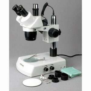 AmScope SW-2T24 Trinocular Stereo Microscope, WH10x Eyepieces, 20X/40X Magnification, 2X/4X Objective, Upper and Lower Halogen Lighting, Pillar Stand, 110V-120V