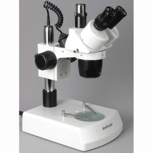 AmScope SW-2T24 Trinocular Stereo Microscope, WH10x Eyepieces, 20X/40X Magnification, 2X/4X Objective, Upper and Lower Halogen Lighting, Pillar Stand, 110V-120V