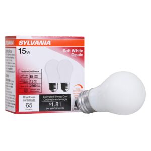 sylvania incandescent appliance light bulb, 15w a15, dimmable, medium base, 65 lumens, frosted, 2850k, soft white - 2 pack (10015)