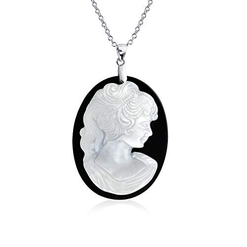 Bling Jewelry Classic Antique Victorian Vintage Style Black White Carved Women Portrait Cameo Pendant Necklace For Women .925 Sterling Silver