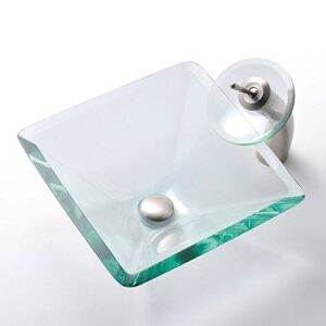 Kraus GVS-901-19mm-SN Aquamarine Square Clear Glass Vessel Bathroom Sink with PU-MR Satin Nickel