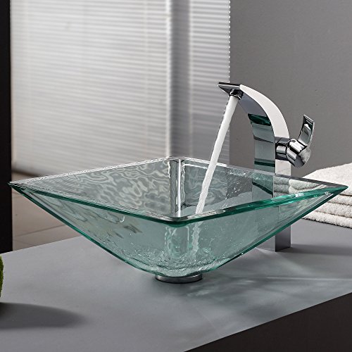 Kraus GVS-901-19mm-SN Aquamarine Square Clear Glass Vessel Bathroom Sink with PU-MR Satin Nickel