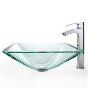 Kraus GVS-901-19mm-SN Aquamarine Square Clear Glass Vessel Bathroom Sink with PU-MR Satin Nickel