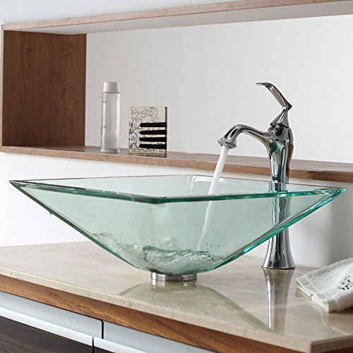 Kraus GVS-901-19mm-SN Aquamarine Square Clear Glass Vessel Bathroom Sink with PU-MR Satin Nickel