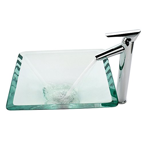 Kraus GVS-901-19mm-SN Aquamarine Square Clear Glass Vessel Bathroom Sink with PU-MR Satin Nickel