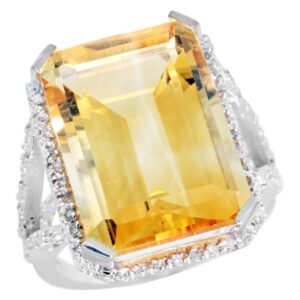 10K White Gold Diamond Natural Citrine Ring Emerald-cut 18x13mm, size 8