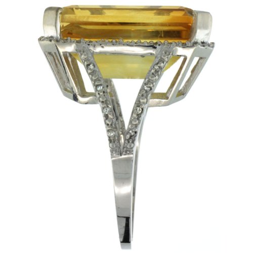 10K White Gold Diamond Natural Citrine Ring Emerald-cut 18x13mm, size 8