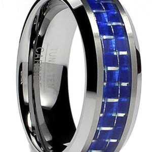 Metal Masters 8MM Flat Top Tungsten Carbide Ring Wedding Band W/Blue Carbon Fiber Inlay Size 8.5