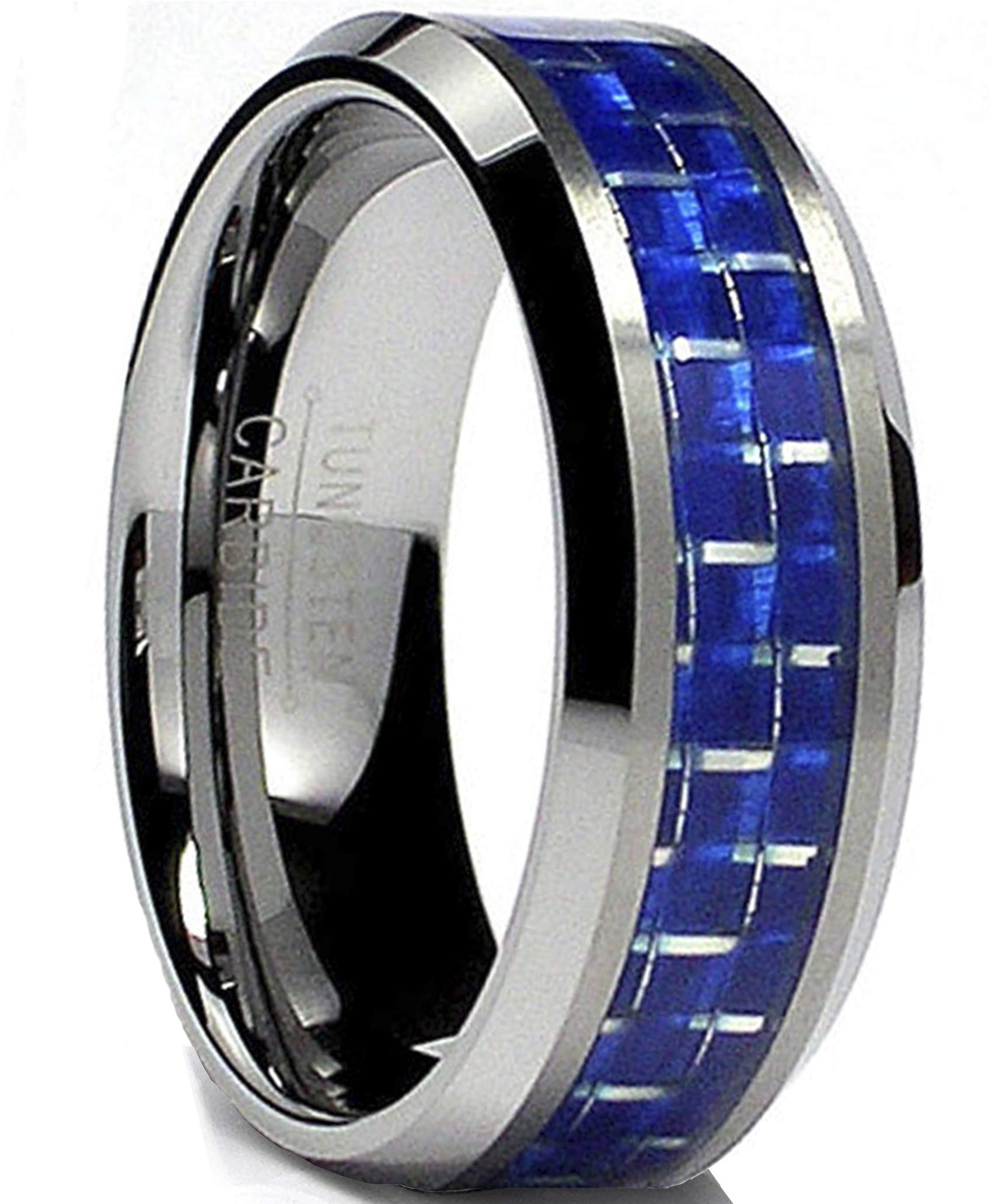 Metal Masters 8MM Flat Top Tungsten Carbide Ring Wedding Band W/Blue Carbon Fiber Inlay Size 8.5