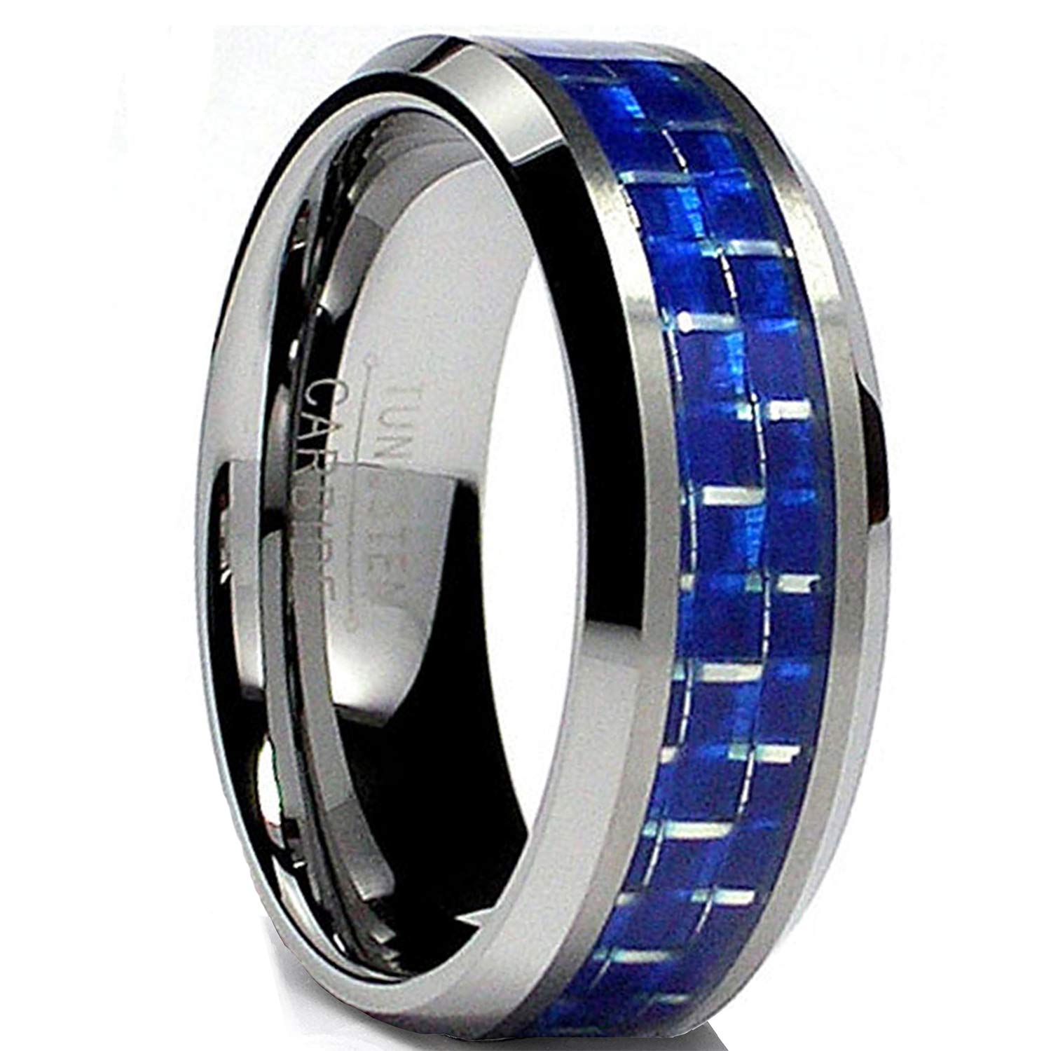 Metal Masters 8MM Flat Top Tungsten Carbide Ring Wedding Band W/Blue Carbon Fiber Inlay Size 8.5