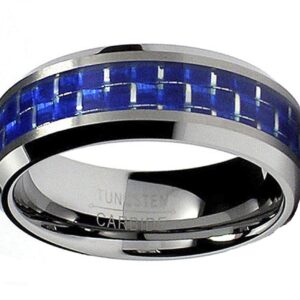 Metal Masters 8MM Flat Top Tungsten Carbide Ring Wedding Band W/Blue Carbon Fiber Inlay Size 8.5