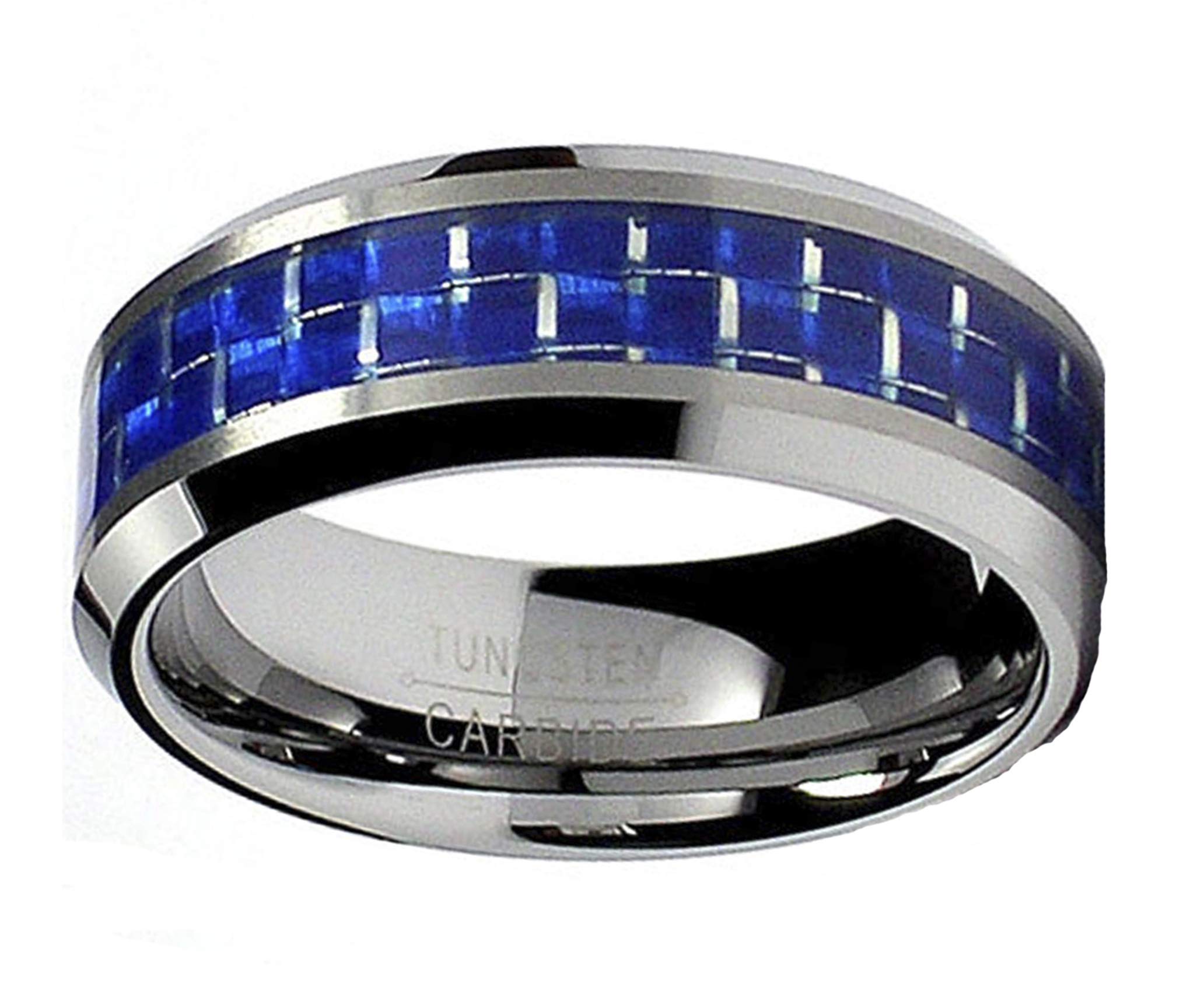 Metal Masters 8MM Flat Top Tungsten Carbide Ring Wedding Band W/Blue Carbon Fiber Inlay Size 8.5