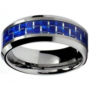 Metal Masters 8MM Flat Top Tungsten Carbide Ring Wedding Band W/Blue Carbon Fiber Inlay Size 8.5