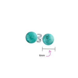 Simple Gemstone Stabilized Turquoise Round Ball Stud Earrings For Women .925 Sterling Silver 6MM