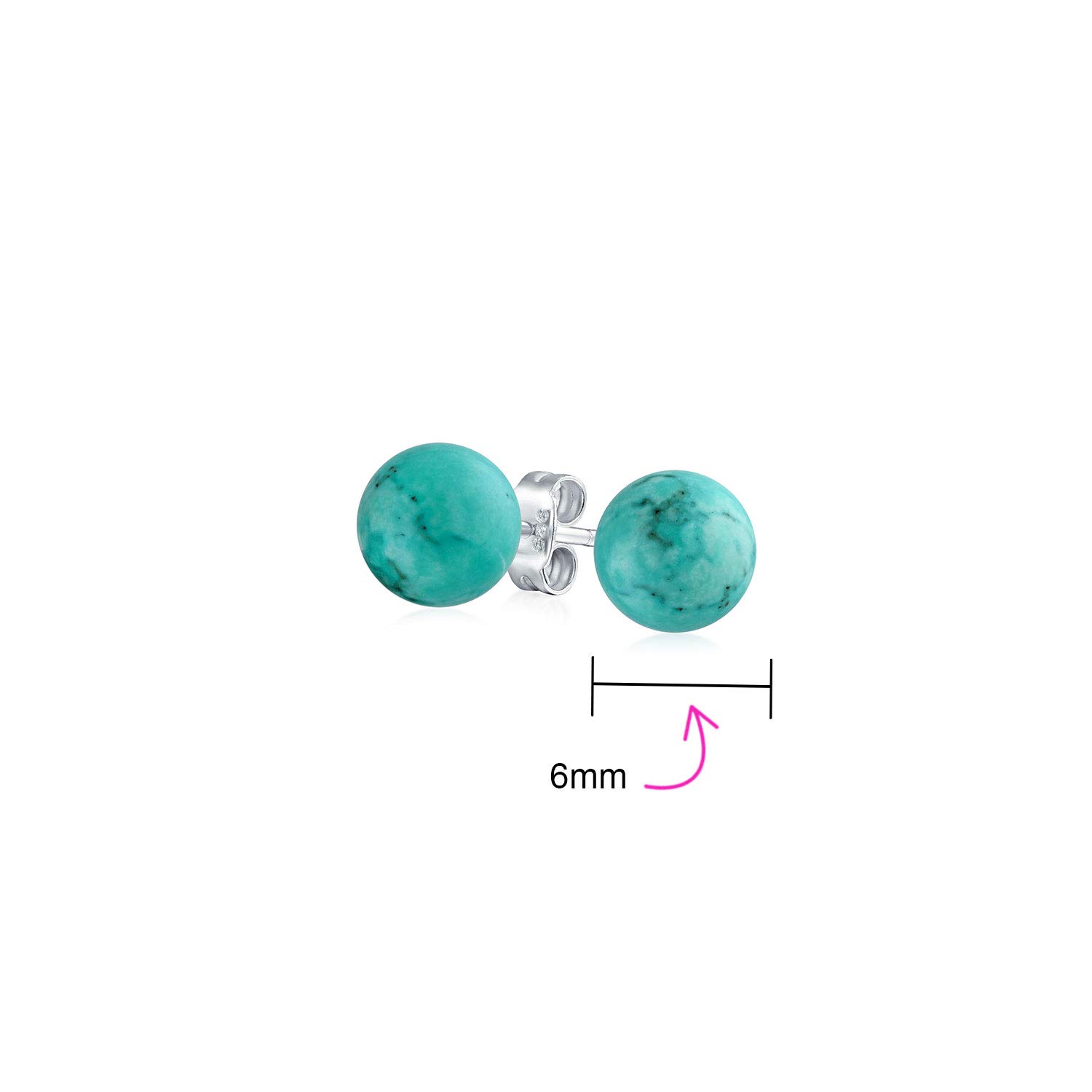 Simple Gemstone Stabilized Turquoise Round Ball Stud Earrings For Women .925 Sterling Silver 6MM