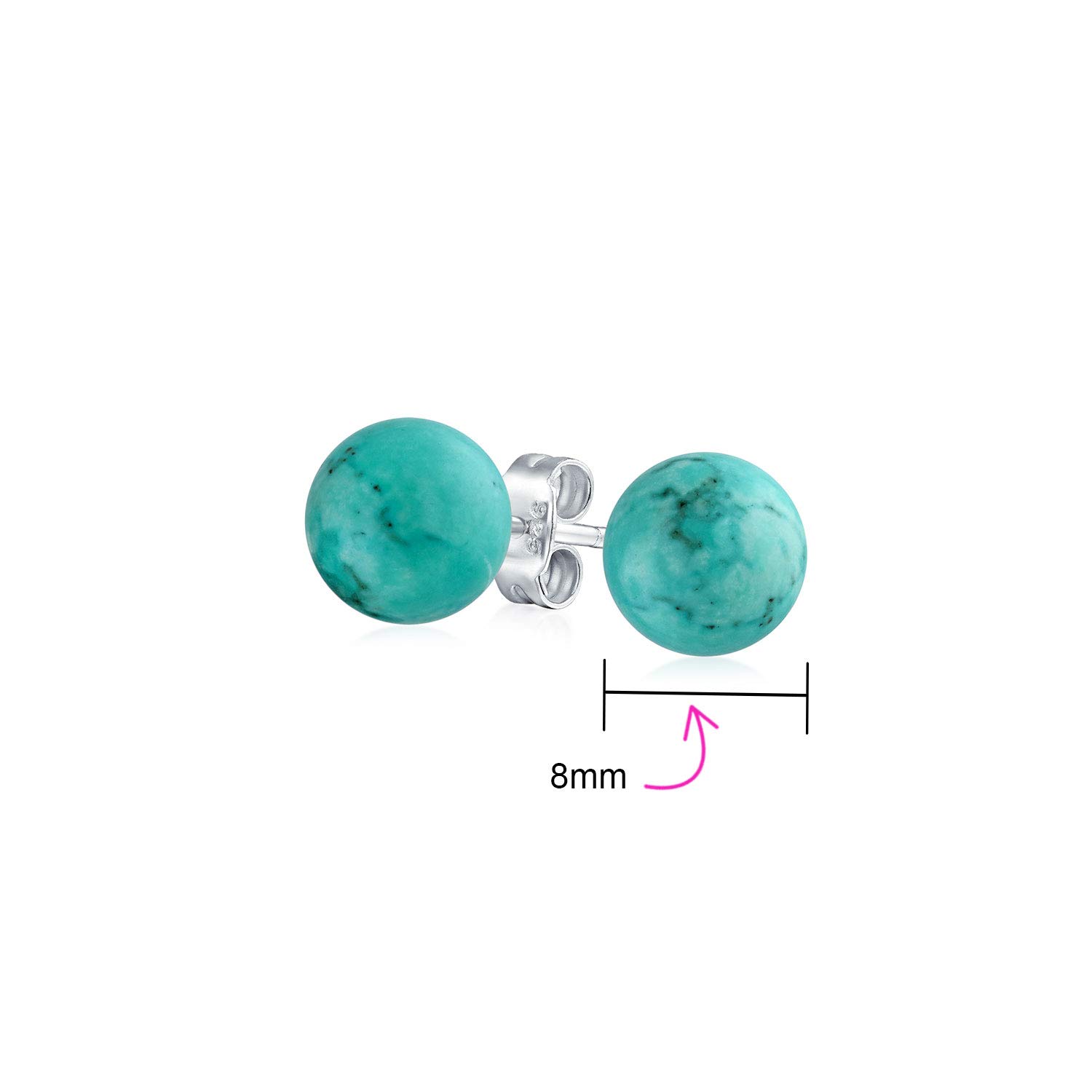 Minimalist Simple Plain Gemstone Blue Stabilized Turquoise Round Ball Stud Earrings For Women .925 Sterling Silver 8 MM