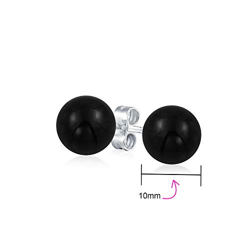 Simple Gemstone Black Onyx Round Ball Stud Earrings For Women .925 Sterling Silver 10MM