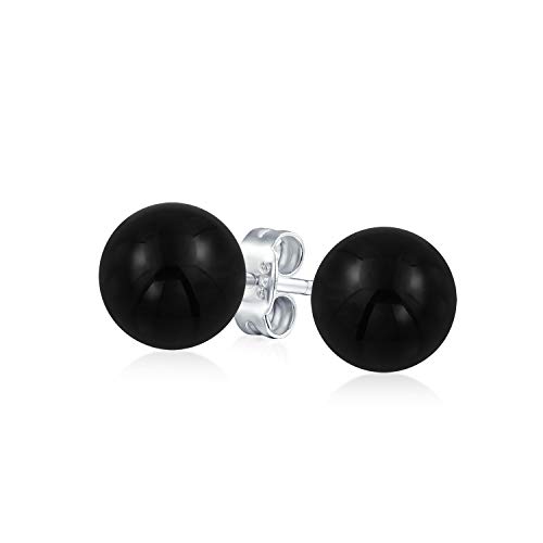 Simple Gemstone Black Onyx Round Ball Stud Earrings For Women .925 Sterling Silver 10MM