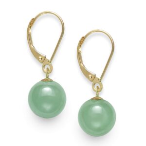 14k Yellow Gold Natural Green Jade Drop Dangle Leverback Earrings