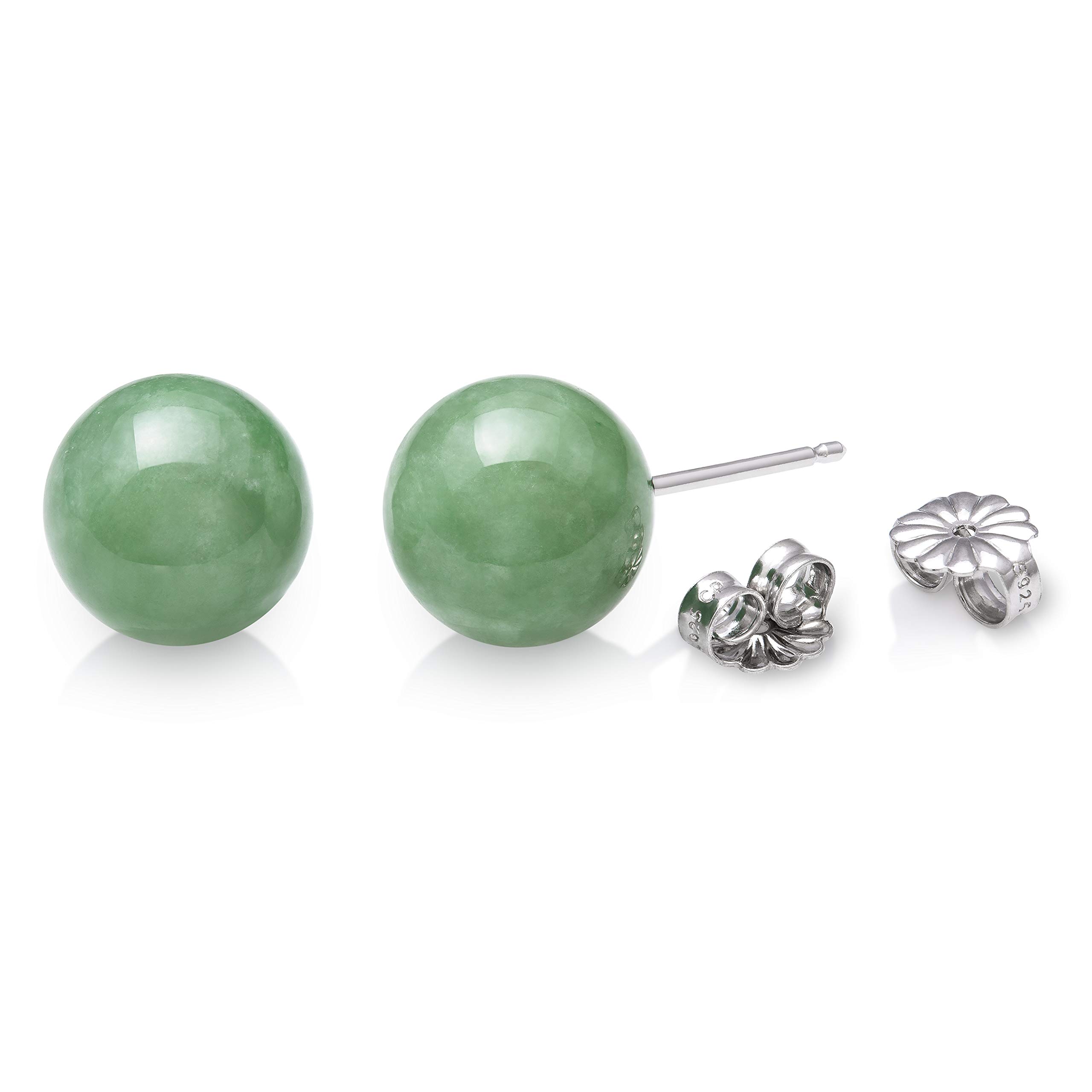 Sterling Silver Natural Green Jade Round Stud Earrings (10mm)