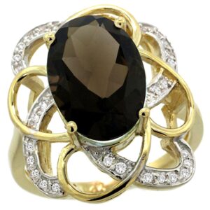 14k yellow gold natural smoky topaz floral design ring 13x9 mm oval shape diamond accent, 7/8inch wide, size 7