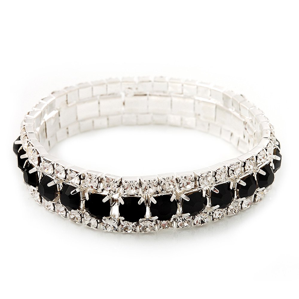 Avalaya Black & Clear Diamante Flex Bracelet (Silver Tone Metal) - 18cm Length