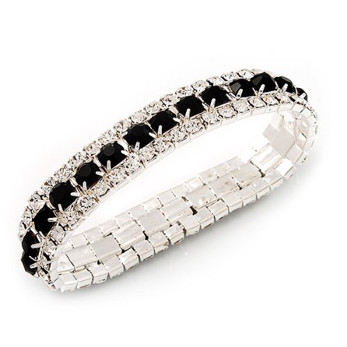 Avalaya Black & Clear Diamante Flex Bracelet (Silver Tone Metal) - 18cm Length