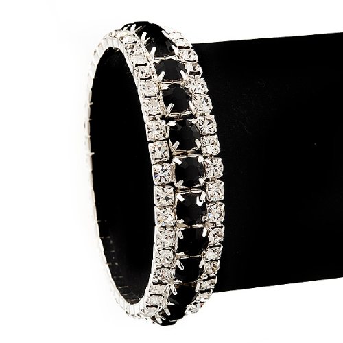 Avalaya Black & Clear Diamante Flex Bracelet (Silver Tone Metal) - 18cm Length