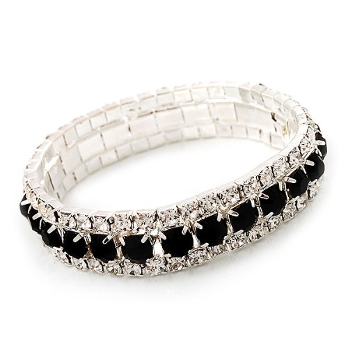 Avalaya Black & Clear Diamante Flex Bracelet (Silver Tone Metal) - 18cm Length