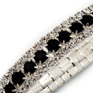 Avalaya Black & Clear Diamante Flex Bracelet (Silver Tone Metal) - 18cm Length