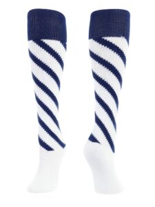 tck candy stripes knee high softball socks (white/navy/navy, small)