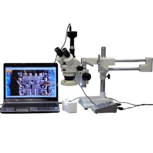 AmScope SM-4TZ-80AM-5M Digital Professional Trinocular Stereo Zoom Microscope, WH10x Eyepieces, 3.5X-90X Magnification, 0.7X-4.5X Zoom Objective, Eight-Zone LED Ring Light, Double-Arm Boom Stand, 110V-240V, Includes 0.5X and 2.0X Barlow Lenses and 5MP Cam